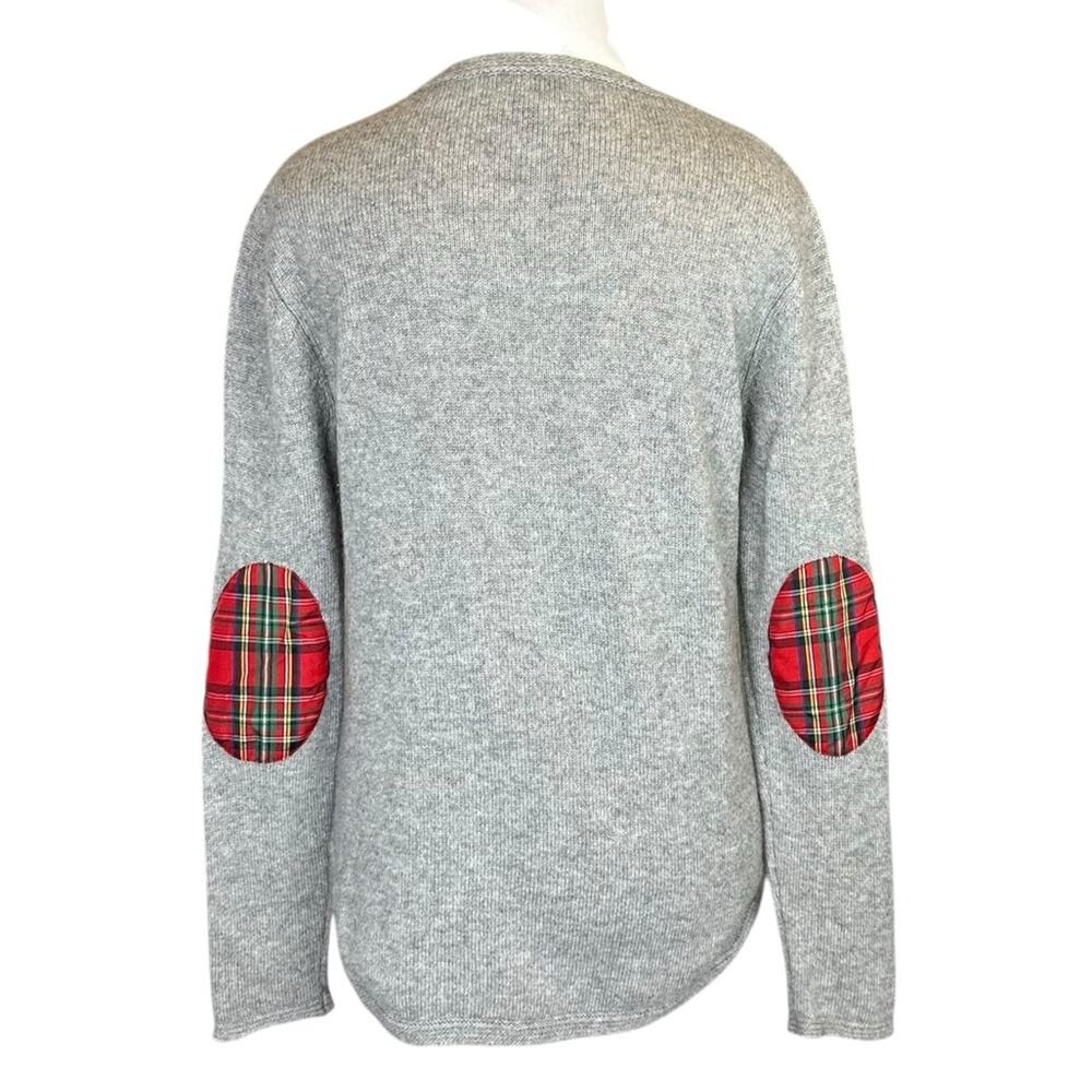Two Bees Cashmere Wool Blend Sweater Size Large Gray Red Plaid Elbow Patches - Picture 2 of 7